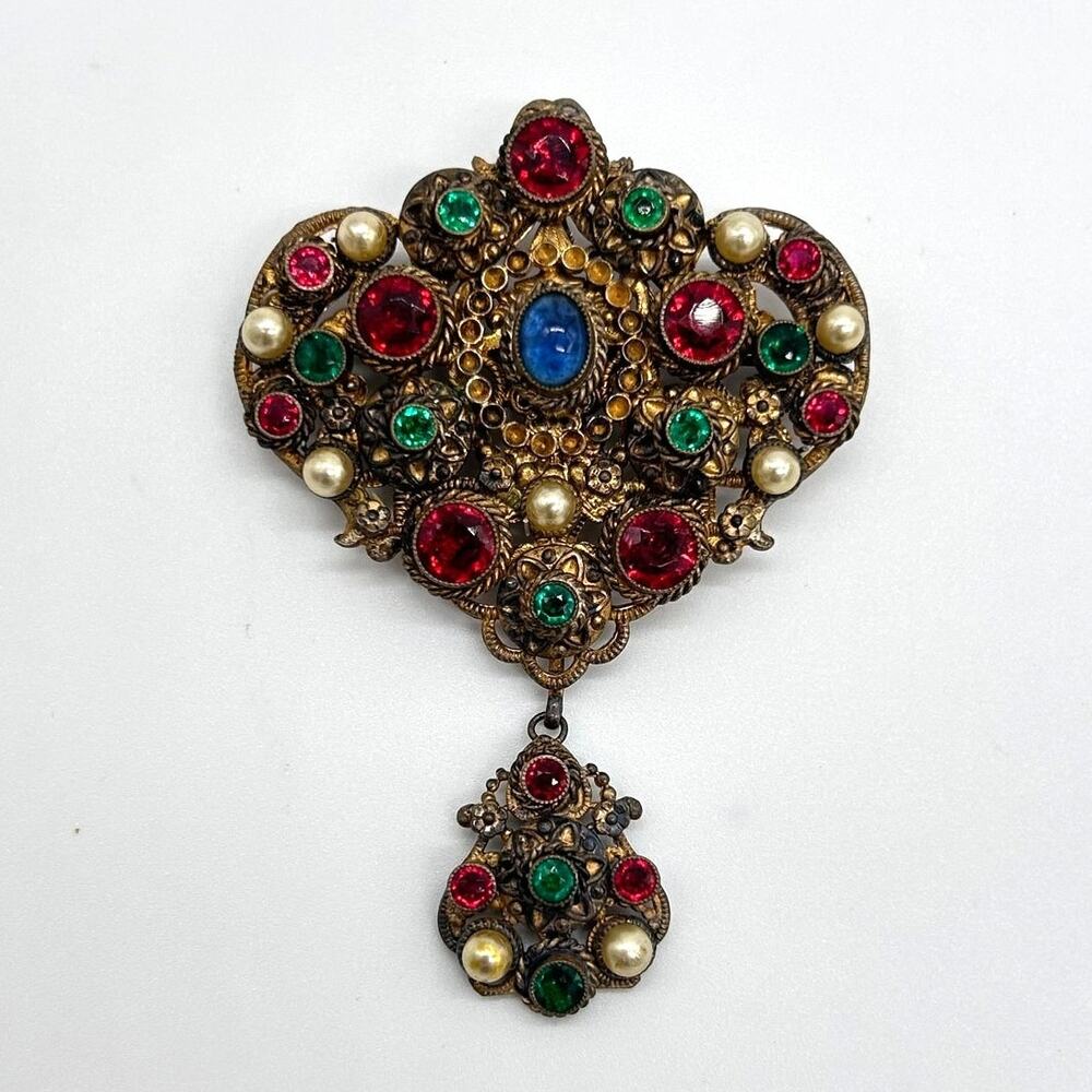Vintage Czech Possibly Neiger Bros Style Filigree Hanging Rhinestone Brooch Pin